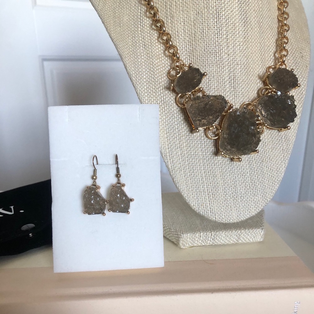 Smoky Quartz and Goldtone Necklace & Earrings